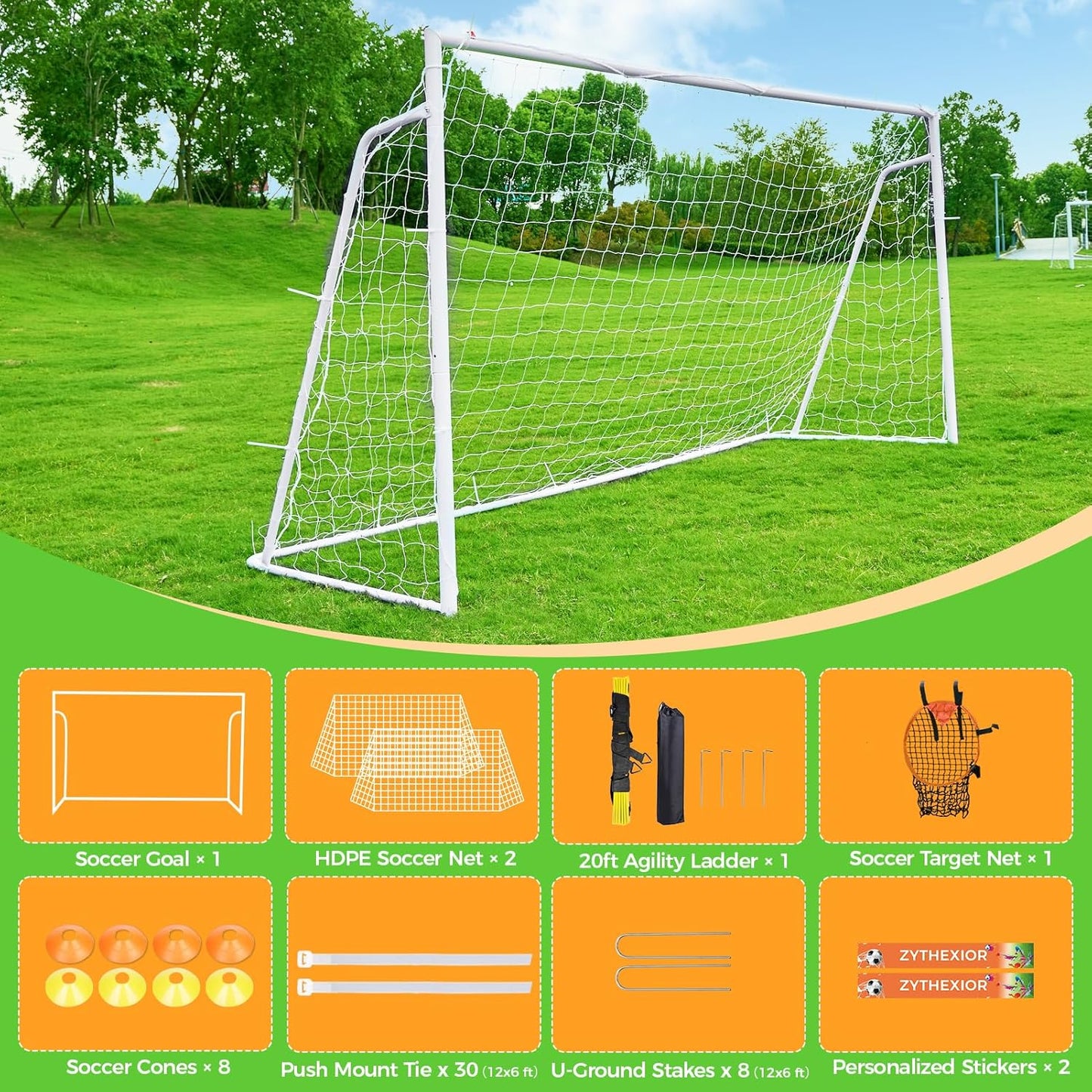 Soccer Goal 12X6,10X6.5, 8X6, 6X4Ft Soccer Goals for Backyard Metal Soccer Goals for Kids Youth Adults Large Outdoor 2" Steel Soccer Goal Post Frame with Soccer Net Target Net Portable Agility Ladder