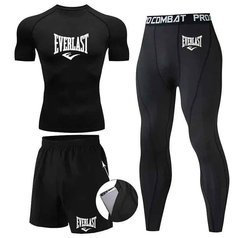 EVERLAST Men'S T-Shirt + Shorts 2Pcs Set Leisure Breath Short Sleeve Sport Jogging Gym Brand Print Clothing