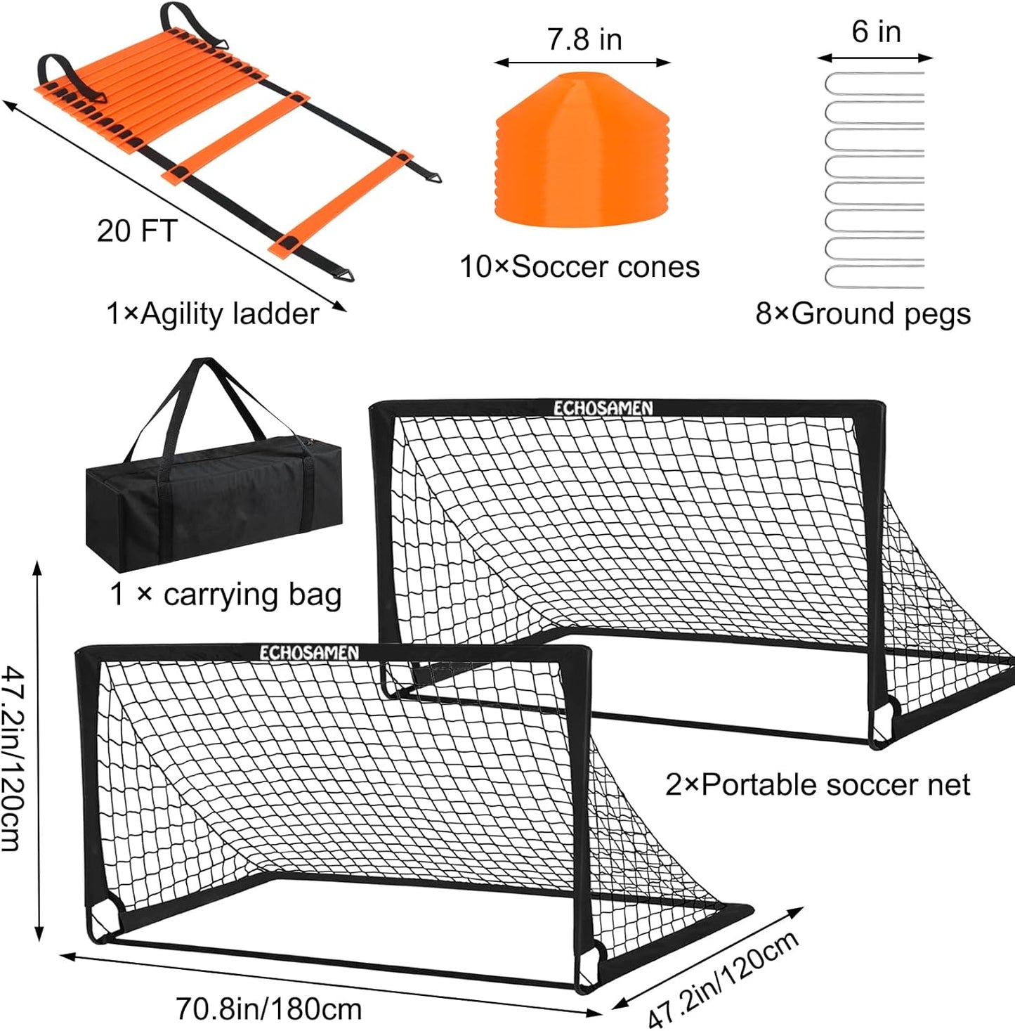 Kids Soccer Goals for Backyard, 2 of 6 X 4 Ft Kids Soccer Goal Set Soccer Net with 10 Soccer Cones, Agility Ladder & Carry Bag, Portable Soccer Training Equipment.
