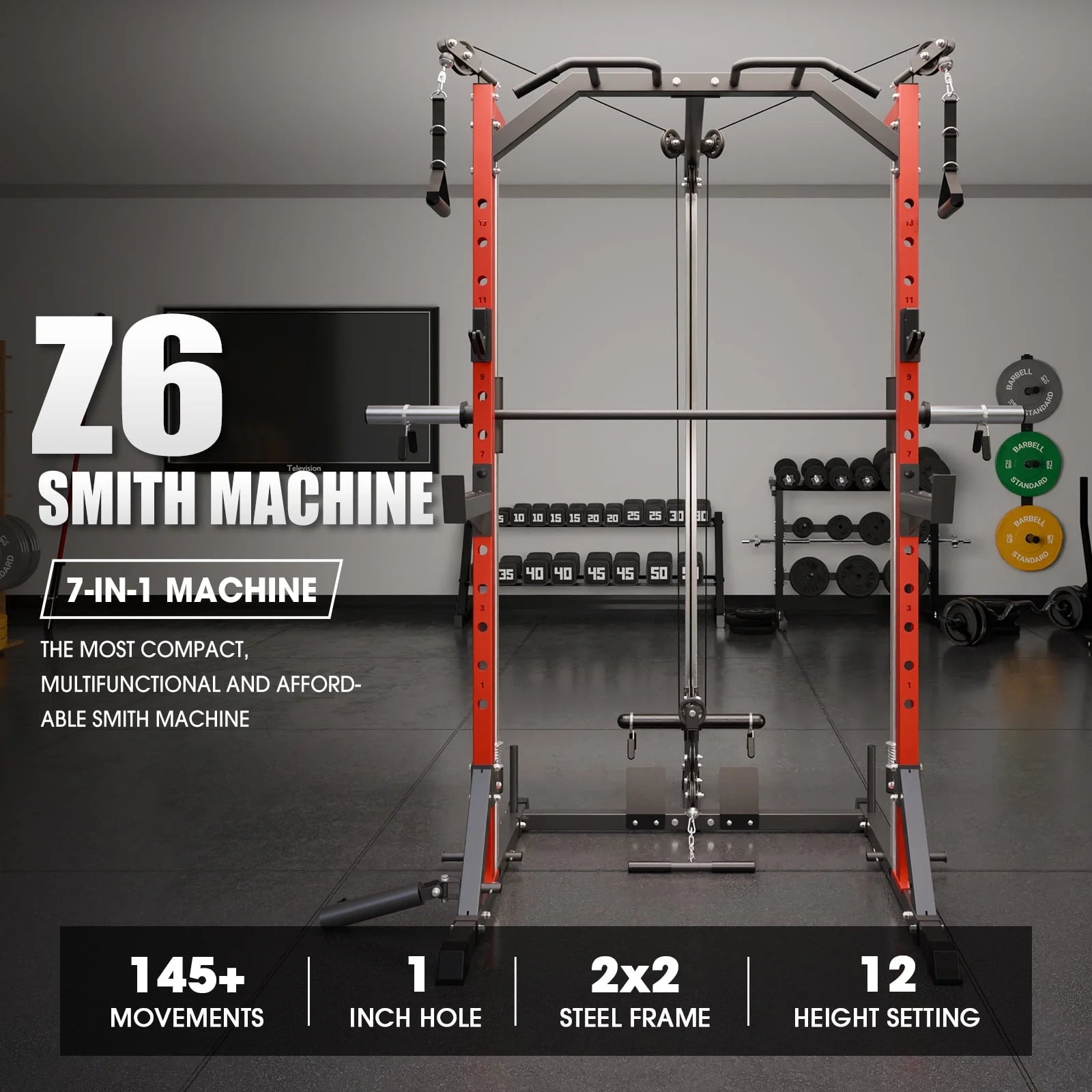 Compact 7-IN-1 Smith Machine with Cable Crossover System, 1000LBS Multi-Functional Squat Rack, Workout Station with Weight Bar, Bend Peg and Other Functional Attachments