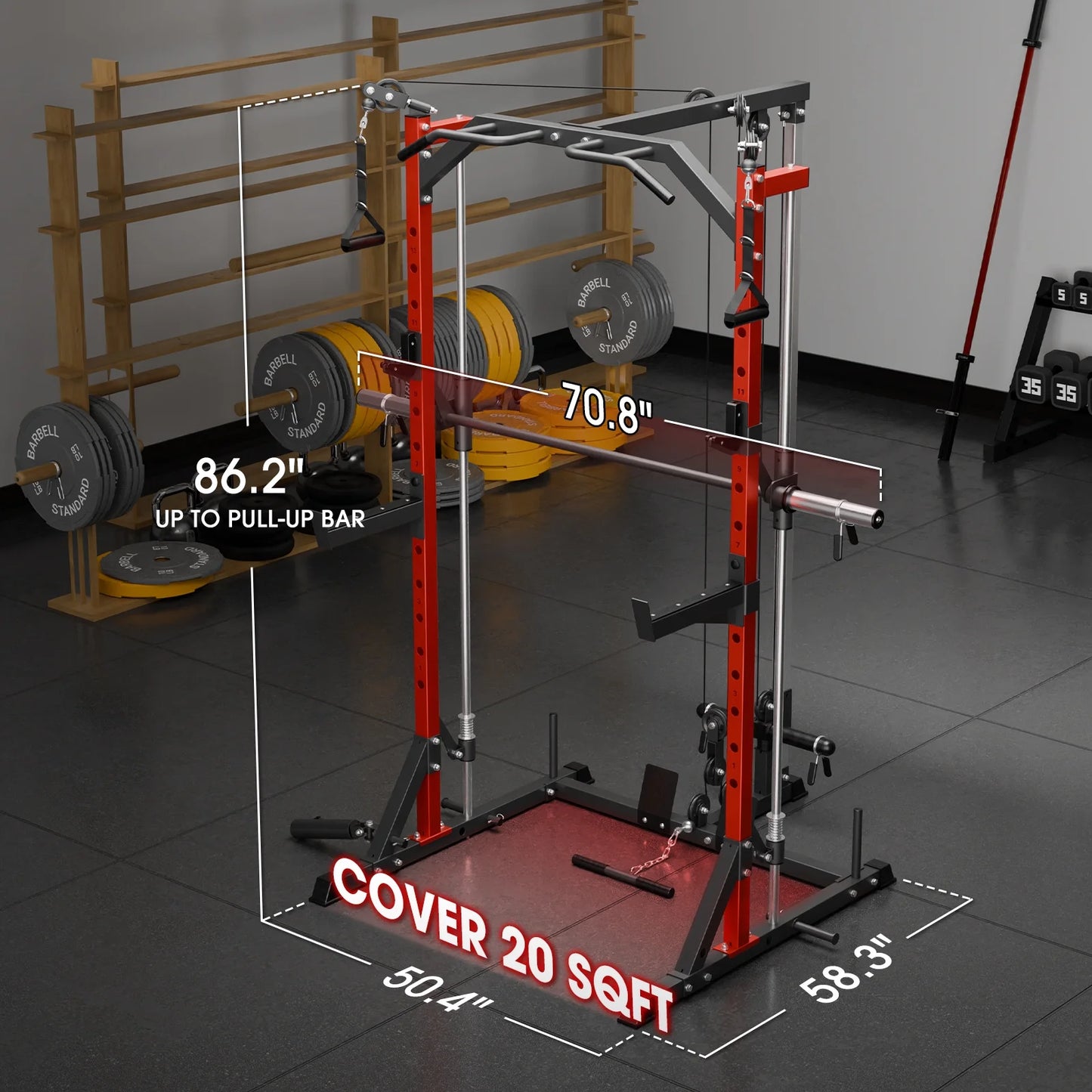 Compact 7-IN-1 Smith Machine with Cable Crossover System, 1000LBS Multi-Functional Squat Rack, Workout Station with Weight Bar, Bend Peg and Other Functional Attachments