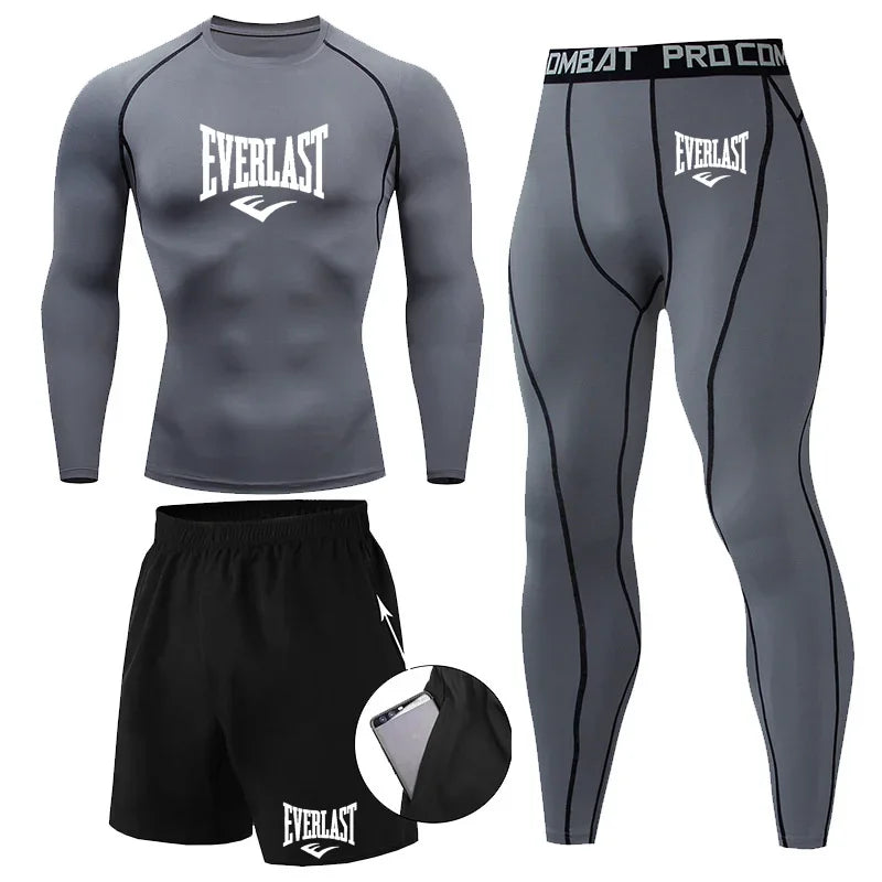 EVERLAST Men'S T-Shirt + Shorts 2Pcs Set Leisure Breath Short Sleeve Sport Jogging Gym Brand Print Clothing