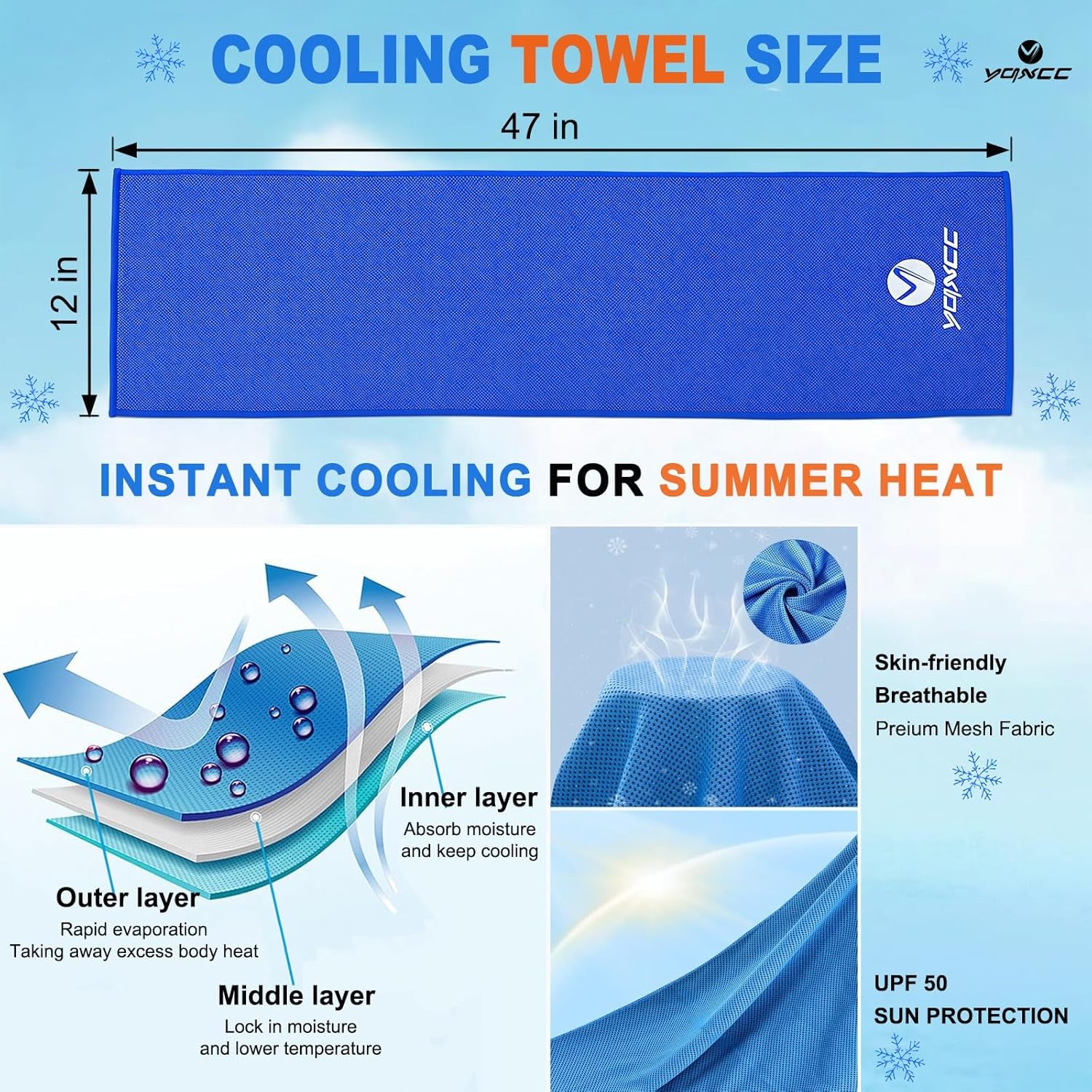 4 Pack Cooling Towels (47"X12"), Ice Cool Neck Towel, Soft Breathable Microfiber for Yoga, Golf, Gym, Running, Camping & Hot Weather