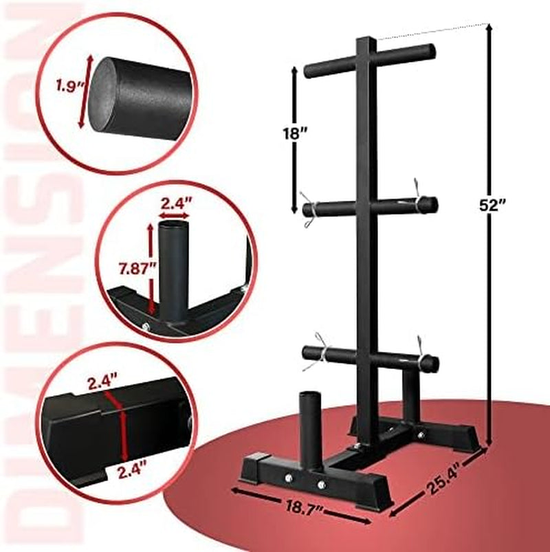 6-Pegs Olympic Weight Plate & 2 Barbells - Weight Plate Tree Holder & Vertical Barbell Storage Rack