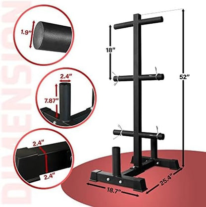 6-Pegs Olympic Weight Plate & 2 Barbells - Weight Plate Tree Holder & Vertical Barbell Storage Rack