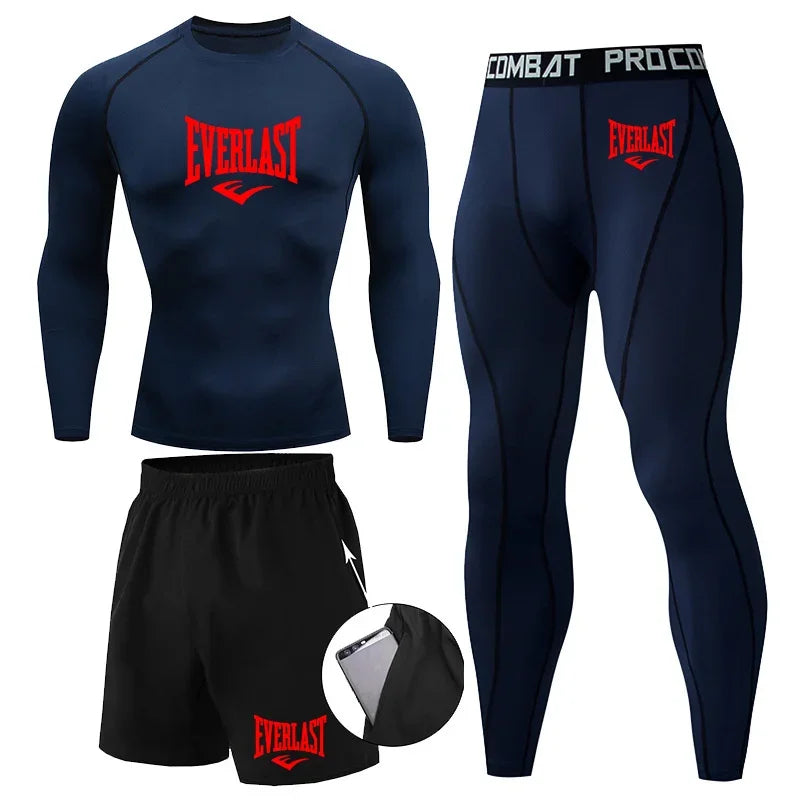 EVERLAST Men'S T-Shirt + Shorts 2Pcs Set Leisure Breath Short Sleeve Sport Jogging Gym Brand Print Clothing