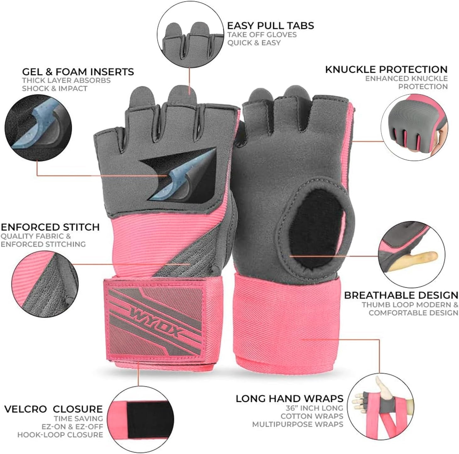 Neoprene Gel Boxing Hand Wraps Inner Gloves for Men & Women – 80Cm/31In Quick Wrist Strap, Padded Knuckle Protection, Fingerless MMA Muay Thai Kickboxing Wraps for Training & Martial Arts