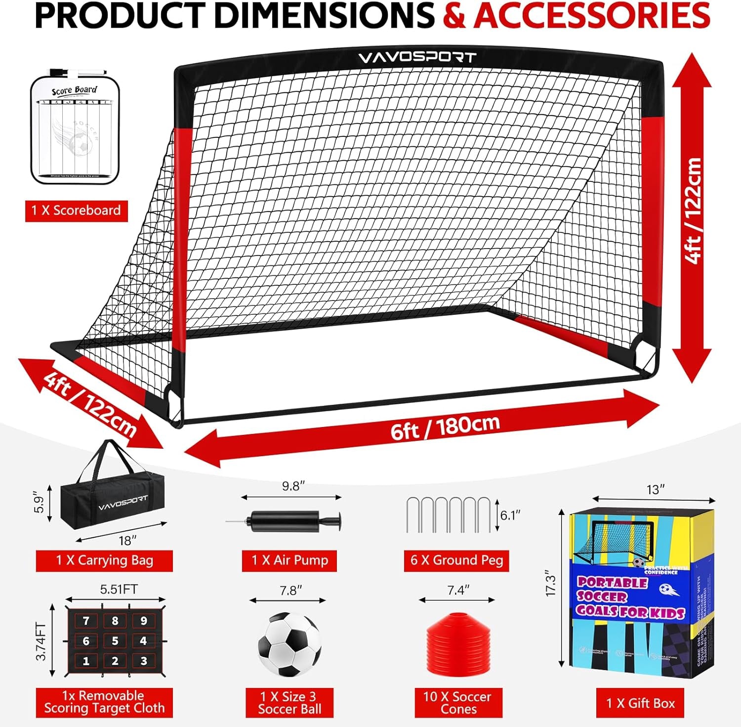 Kids Soccer Goals for Backyard Set, 6×4Ft Portable Soccer Goal & Ball Training Equipment with Cones, Target, Youth Toddler Pop up Soccer Net for Kids 3-12 Sports Play Outdoor Games Gifts