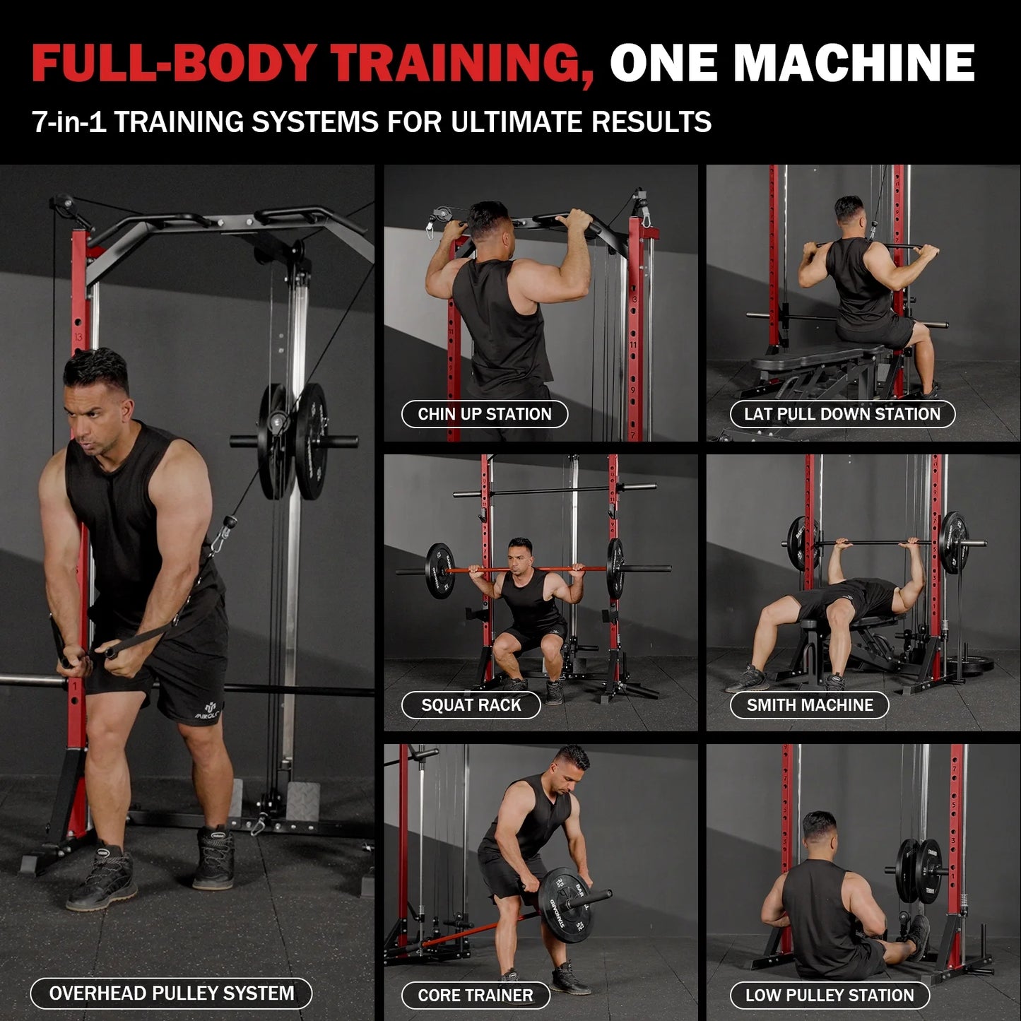 Compact 7-IN-1 Smith Machine with Cable Crossover System, 1000LBS Multi-Functional Squat Rack, Workout Station with Weight Bar, Bend Peg and Other Functional Attachments
