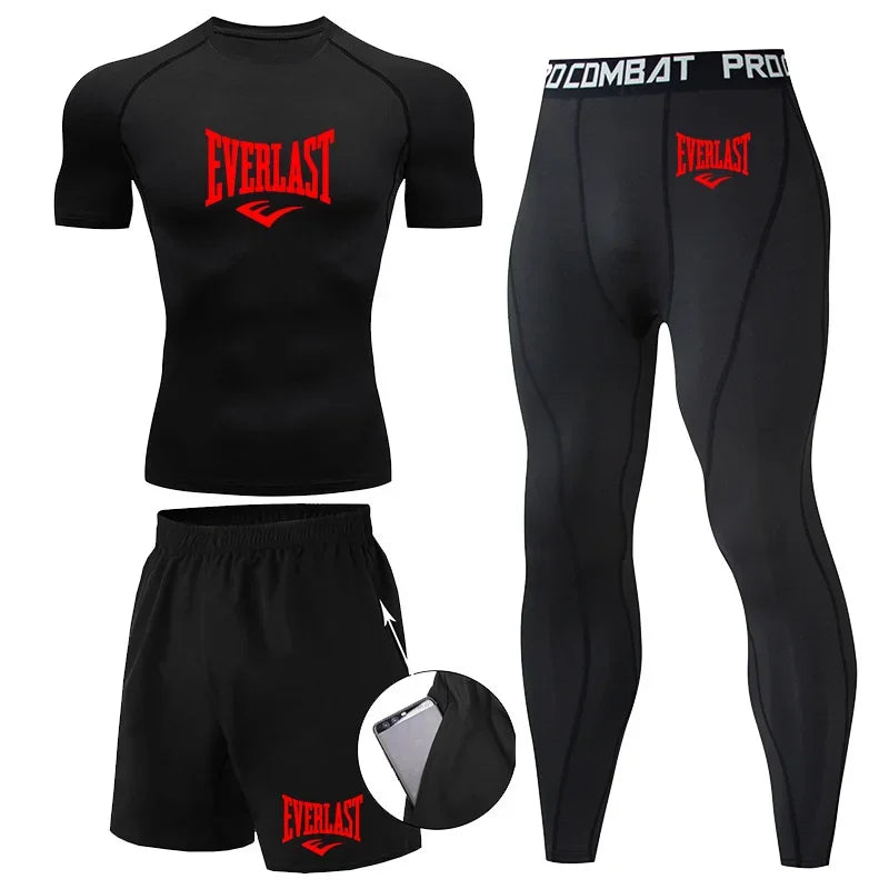 EVERLAST Men'S T-Shirt + Shorts 2Pcs Set Leisure Breath Short Sleeve Sport Jogging Gym Brand Print Clothing