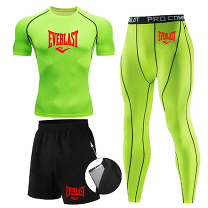 EVERLAST Men'S T-Shirt + Shorts 2Pcs Set Leisure Breath Short Sleeve Sport Jogging Gym Brand Print Clothing