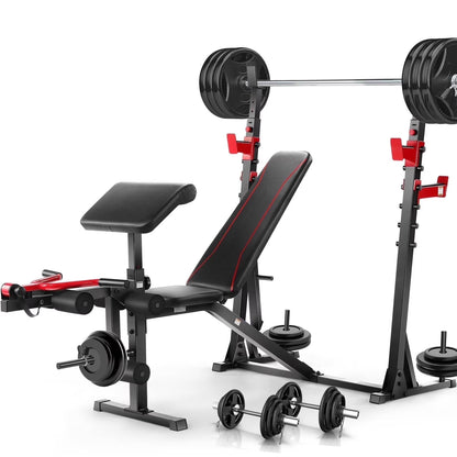 Adjustable Weight Bench 900LBS Olympic Weight Bench Set with Squat Rack, Preacher Curl, Leg Extension Full Body Exercise Workout Bench Press for Home Gym