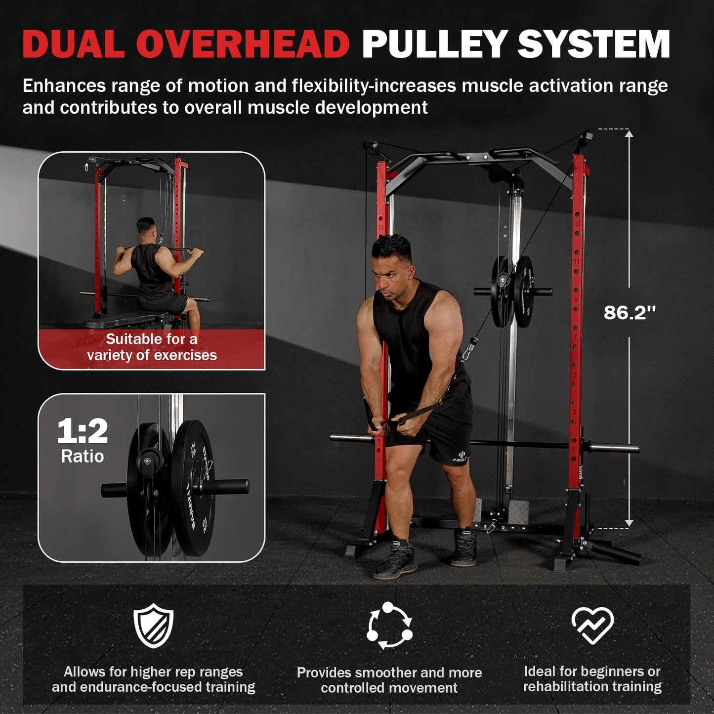 Compact 7-IN-1 Smith Machine with Cable Crossover System, 1000LBS Multi-Functional Squat Rack, Workout Station with Weight Bar, Bend Peg and Other Functional Attachments