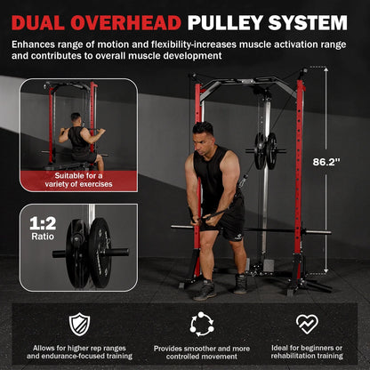 Compact 7-IN-1 Smith Machine with Cable Crossover System, 1000LBS Multi-Functional Squat Rack, Workout Station with Weight Bar, Bend Peg and Other Functional Attachments