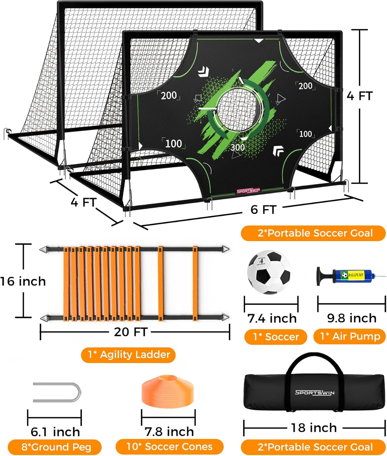 Soccer Goals for Backyard - 6X4 Ft Portable ​Pop up Soccer Nets Set of 2 with Ball, Ladder, Cones, Training Practice Equipment for Kids Toddler, Sport Games for Outdoor Indoor