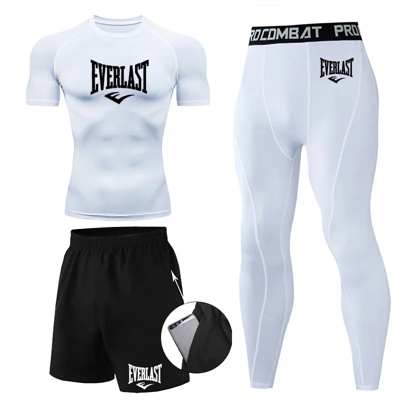 EVERLAST Men'S T-Shirt + Shorts 2Pcs Set Leisure Breath Short Sleeve Sport Jogging Gym Brand Print Clothing
