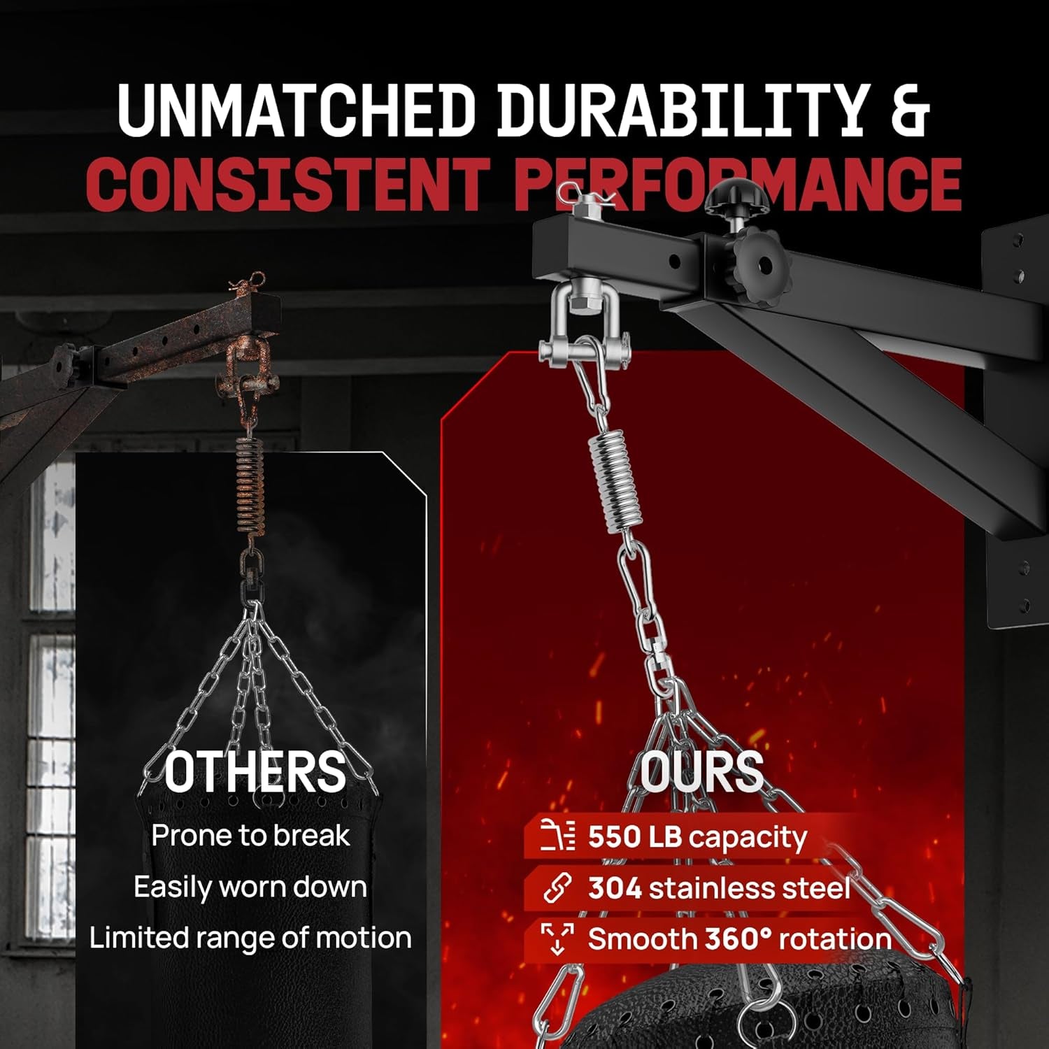 Punching Bag Hanger, Heavy Bag Spring 555 LB Capacity, Stainless Steel Hanging Kit with Spring Hook & Carabiner, Indoor & Outdoor Mounting for Boxing Bags & Recreation