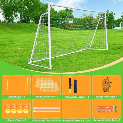 Soccer Goal 12X6,10X6.5, 8X6, 6X4Ft Soccer Goals for Backyard Metal Soccer Goals for Kids Youth Adults Large Outdoor 2" Steel Soccer Goal Post Frame with Soccer Net Target Net Portable Agility Ladder
