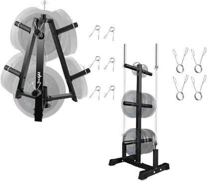 6-Pegs Olympic Weight Plate & 2 Barbells - Weight Plate Tree Holder & Vertical Barbell Storage Rack