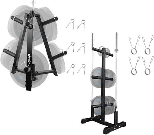 6-Pegs Olympic Weight Plate & 2 Barbells - Weight Plate Tree Holder & Vertical Barbell Storage Rack