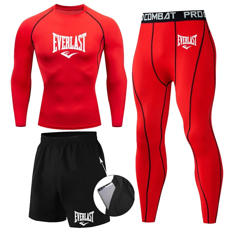 EVERLAST Men'S T-Shirt + Shorts 2Pcs Set Leisure Breath Short Sleeve Sport Jogging Gym Brand Print Clothing