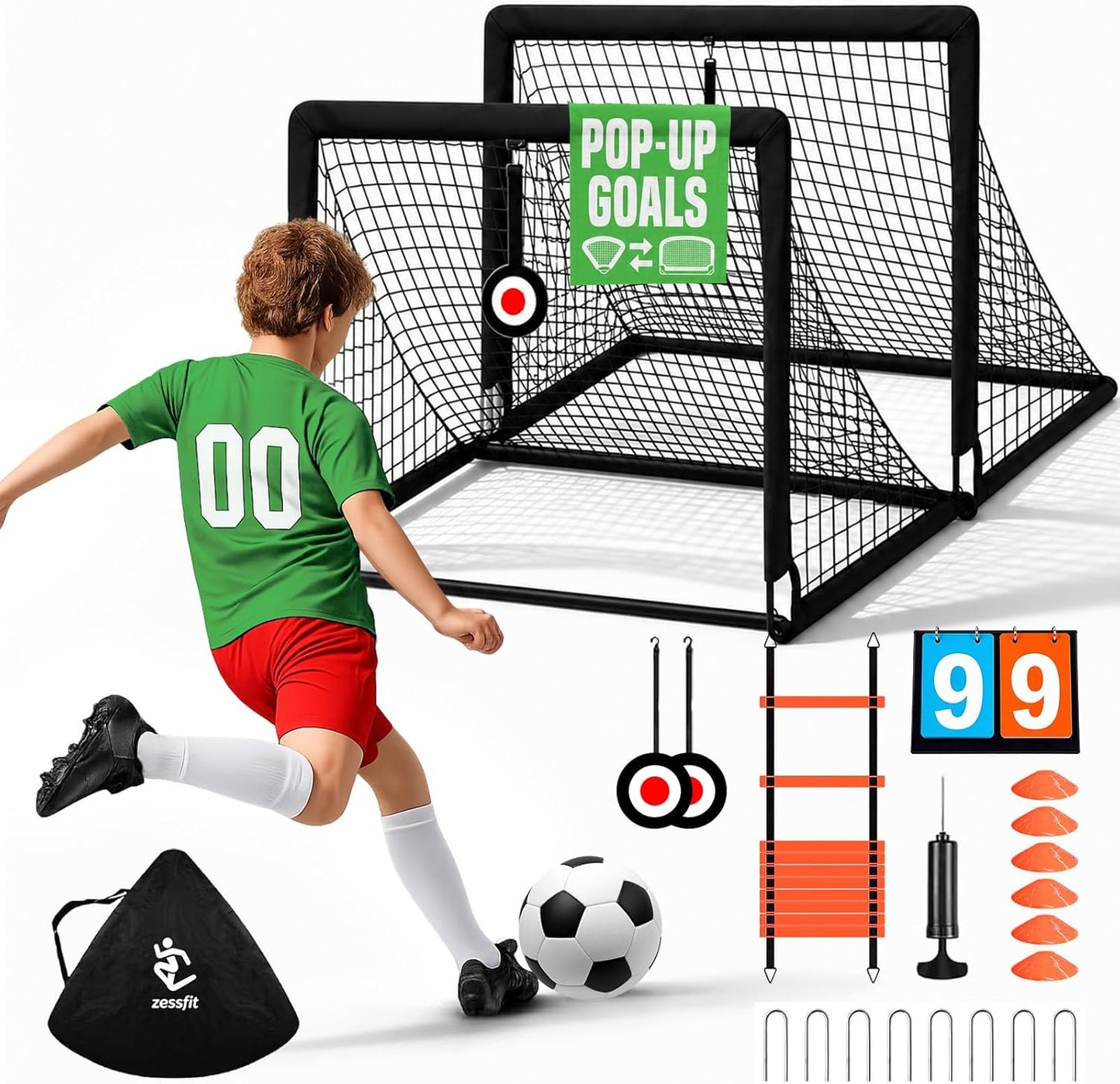 Kids Soccer Goal Set for Backyard, Portable Soccer Nets Set of 2 with Soccer Ball, Scoreboard, Agility Ladder, Cones and Target Nets, Indoor Outdoor Soccer Training Equipment for Boys and Girls