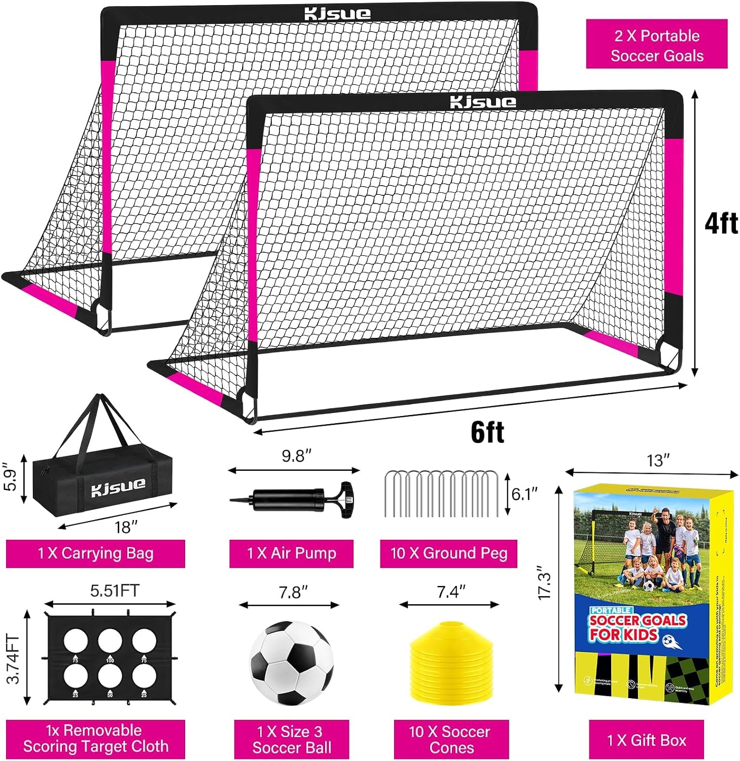 Kids Soccer Goal for Backyard Set - 2 of 6X4 Ft Soccer Goals Training Equipment, Soccer Net for Kids Age 3-5 6-8 8-10 10-12, Ball, Targets for Toddler Kid Youth Soccer Games Sports Outdoor Play