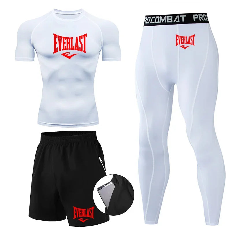 EVERLAST Men'S T-Shirt + Shorts 2Pcs Set Leisure Breath Short Sleeve Sport Jogging Gym Brand Print Clothing