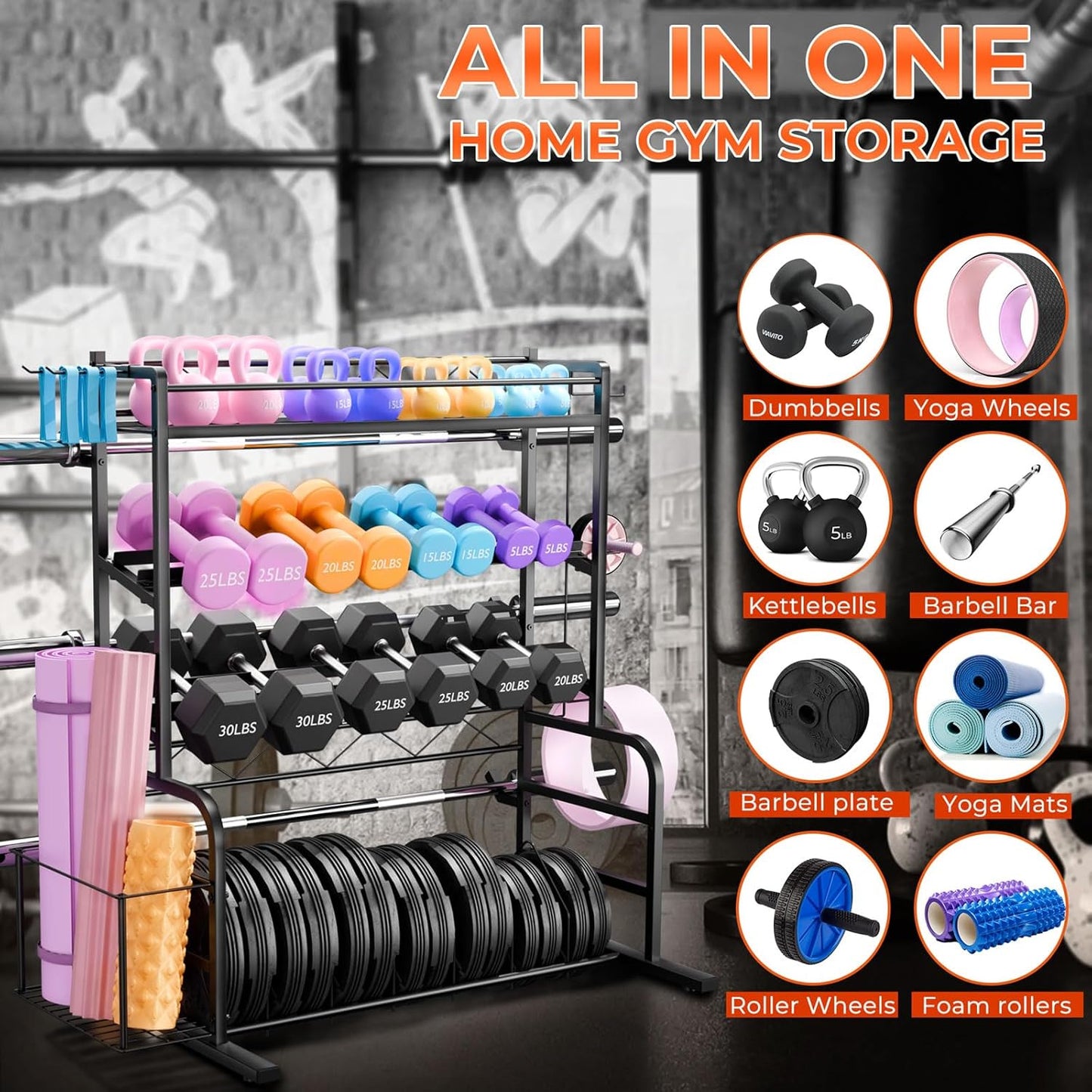 XL Adjustable Weight Rack for Dumbbells - Barbell Holder Bumper Plate Storage Rack with 3 Olympic Bar Racks, Dumbbell Rack Weight Stand,Home Gym Storage Rack for Kettlebells,Yoga Mat