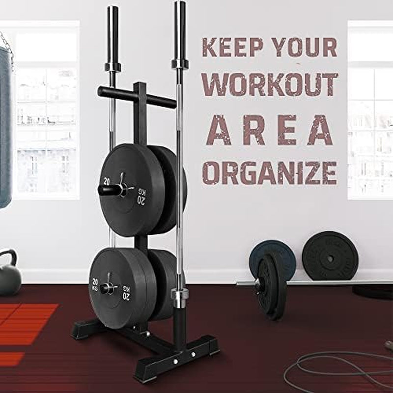 6-Pegs Olympic Weight Plate & 2 Barbells - Weight Plate Tree Holder & Vertical Barbell Storage Rack