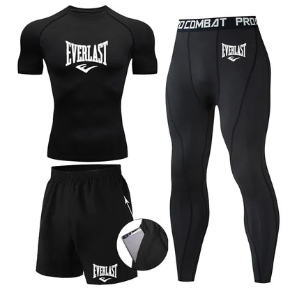 EVERLAST Men'S T-Shirt + Shorts 2Pcs Set Leisure Breath Short Sleeve Sport Jogging Gym Brand Print Clothing