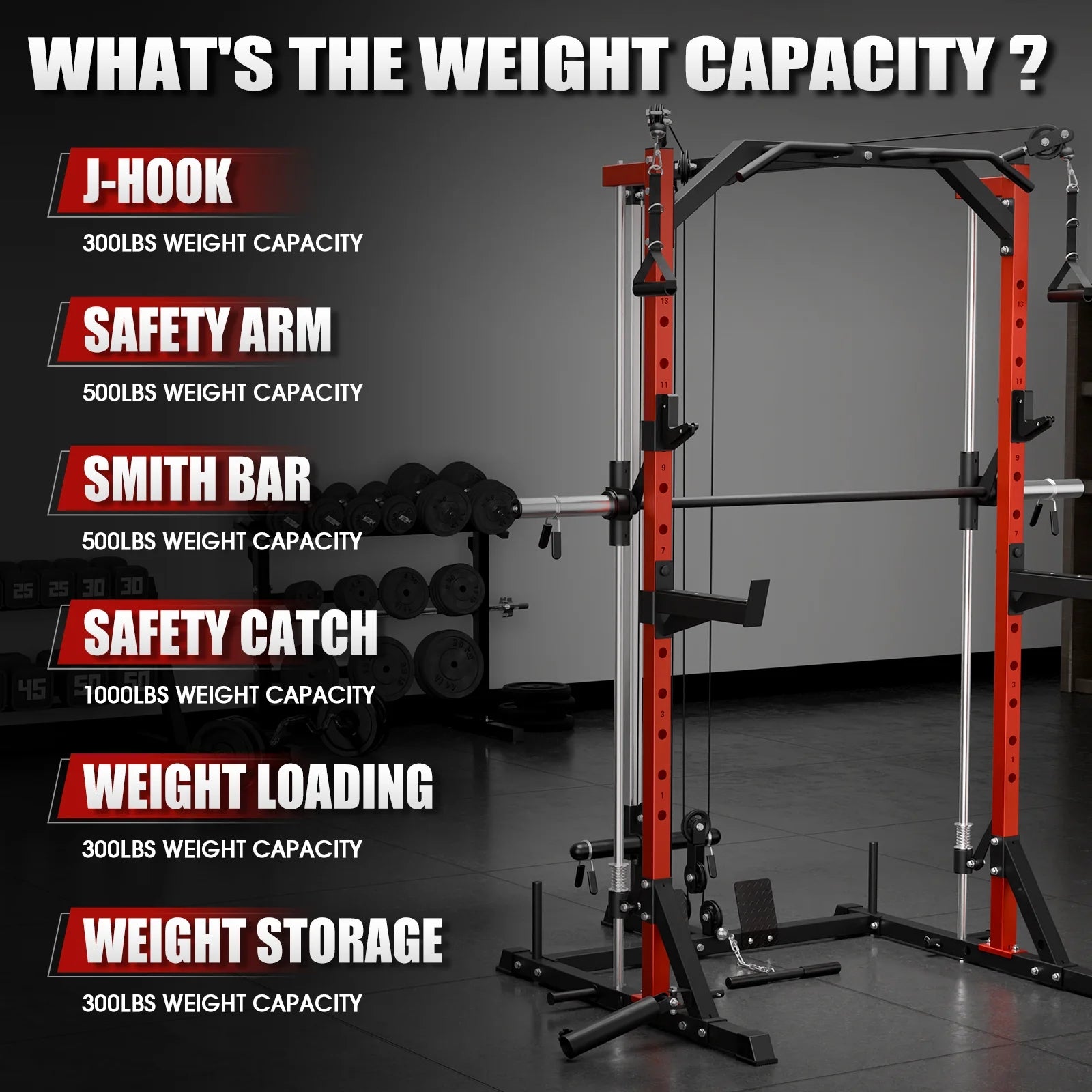 Compact 7-IN-1 Smith Machine with Cable Crossover System, 1000LBS Multi-Functional Squat Rack, Workout Station with Weight Bar, Bend Peg and Other Functional Attachments