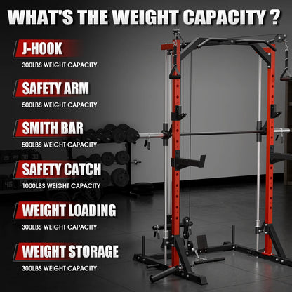 Compact 7-IN-1 Smith Machine with Cable Crossover System, 1000LBS Multi-Functional Squat Rack, Workout Station with Weight Bar, Bend Peg and Other Functional Attachments