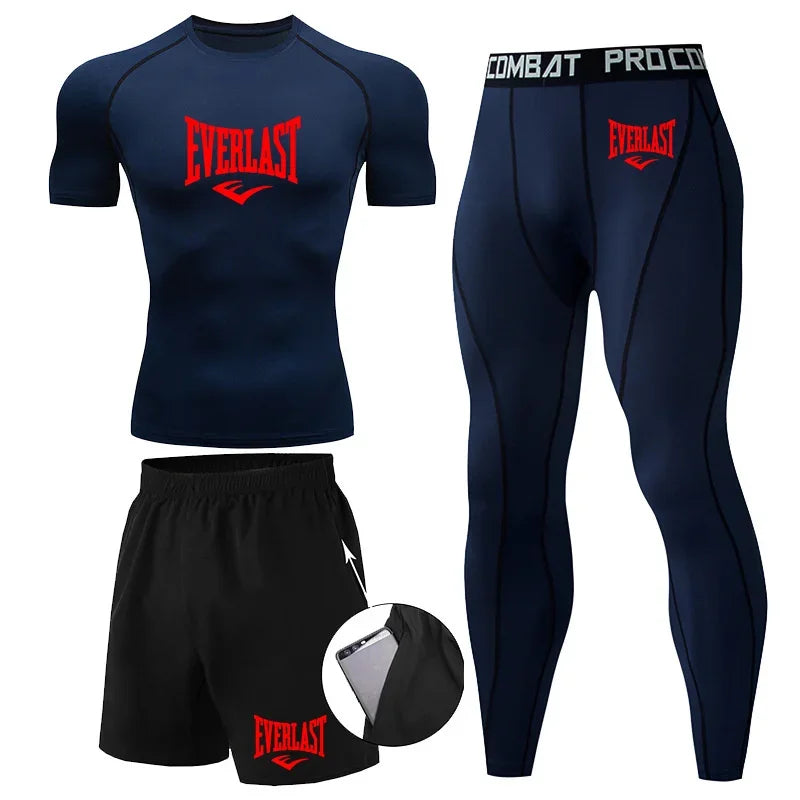 EVERLAST Men'S T-Shirt + Shorts 2Pcs Set Leisure Breath Short Sleeve Sport Jogging Gym Brand Print Clothing