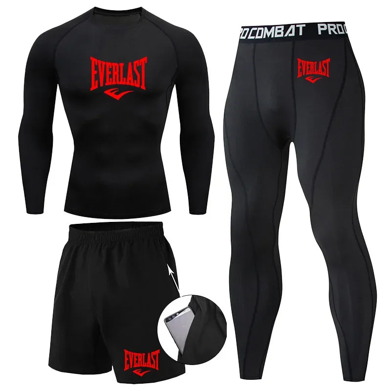 EVERLAST Men'S T-Shirt + Shorts 2Pcs Set Leisure Breath Short Sleeve Sport Jogging Gym Brand Print Clothing