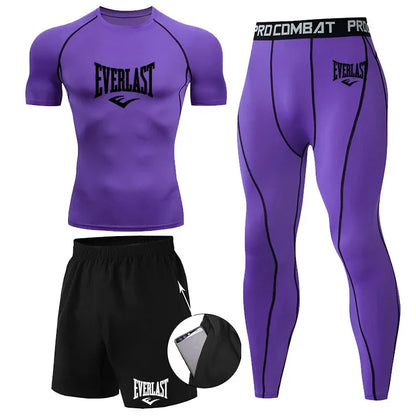 EVERLAST Men'S T-Shirt + Shorts 2Pcs Set Leisure Breath Short Sleeve Sport Jogging Gym Brand Print Clothing