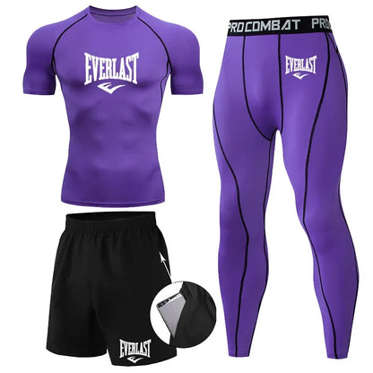 EVERLAST Men'S T-Shirt + Shorts 2Pcs Set Leisure Breath Short Sleeve Sport Jogging Gym Brand Print Clothing
