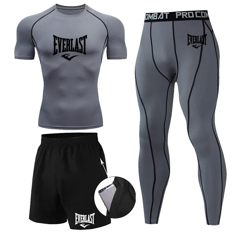 EVERLAST Men'S T-Shirt + Shorts 2Pcs Set Leisure Breath Short Sleeve Sport Jogging Gym Brand Print Clothing