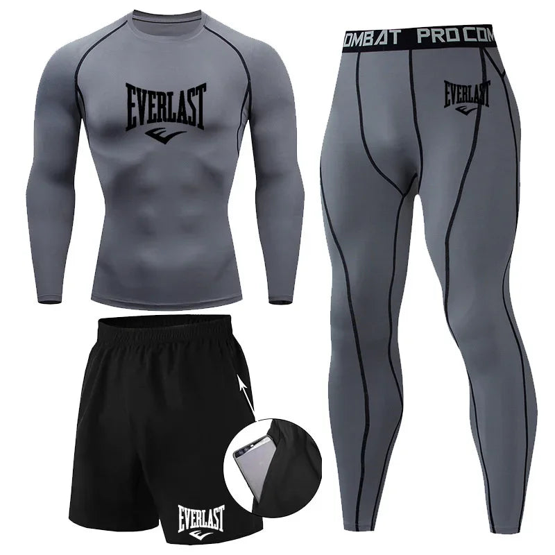 EVERLAST Men'S T-Shirt + Shorts 2Pcs Set Leisure Breath Short Sleeve Sport Jogging Gym Brand Print Clothing