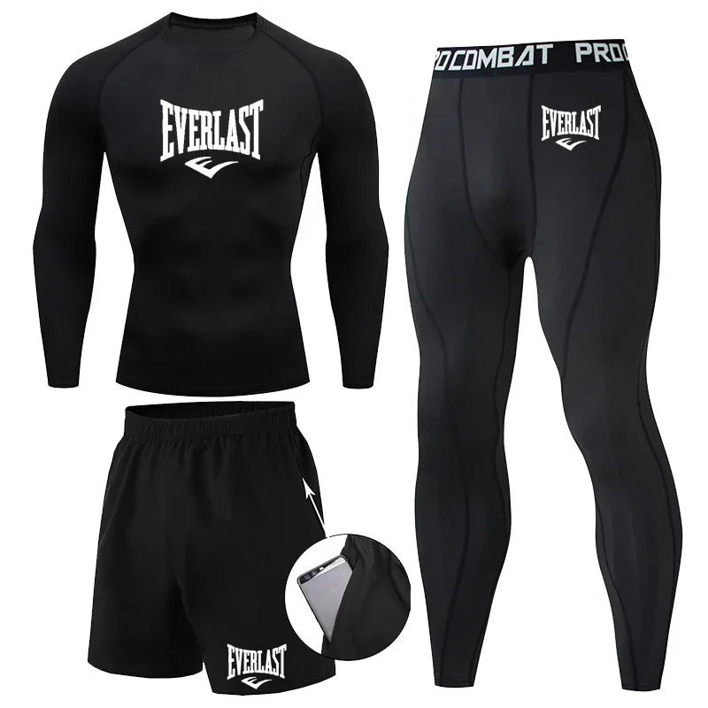 EVERLAST Men'S T-Shirt + Shorts 2Pcs Set Leisure Breath Short Sleeve Sport Jogging Gym Brand Print Clothing