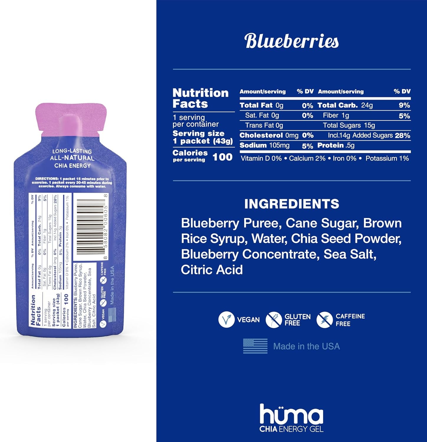 Huma Chia Energy Gel, Blueberries, 12 Gels | Real Food, Stomach Friendly Energy Gels