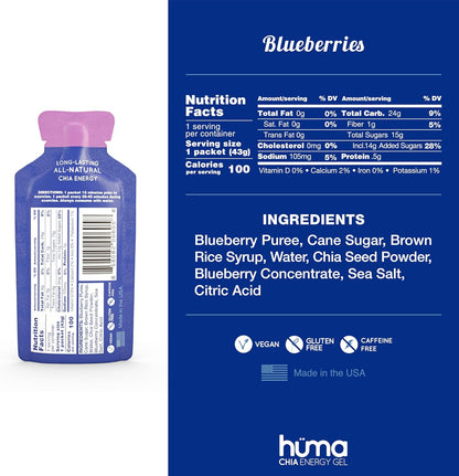 Huma Chia Energy Gel, Blueberries, 12 Gels | Real Food, Stomach Friendly Energy Gels