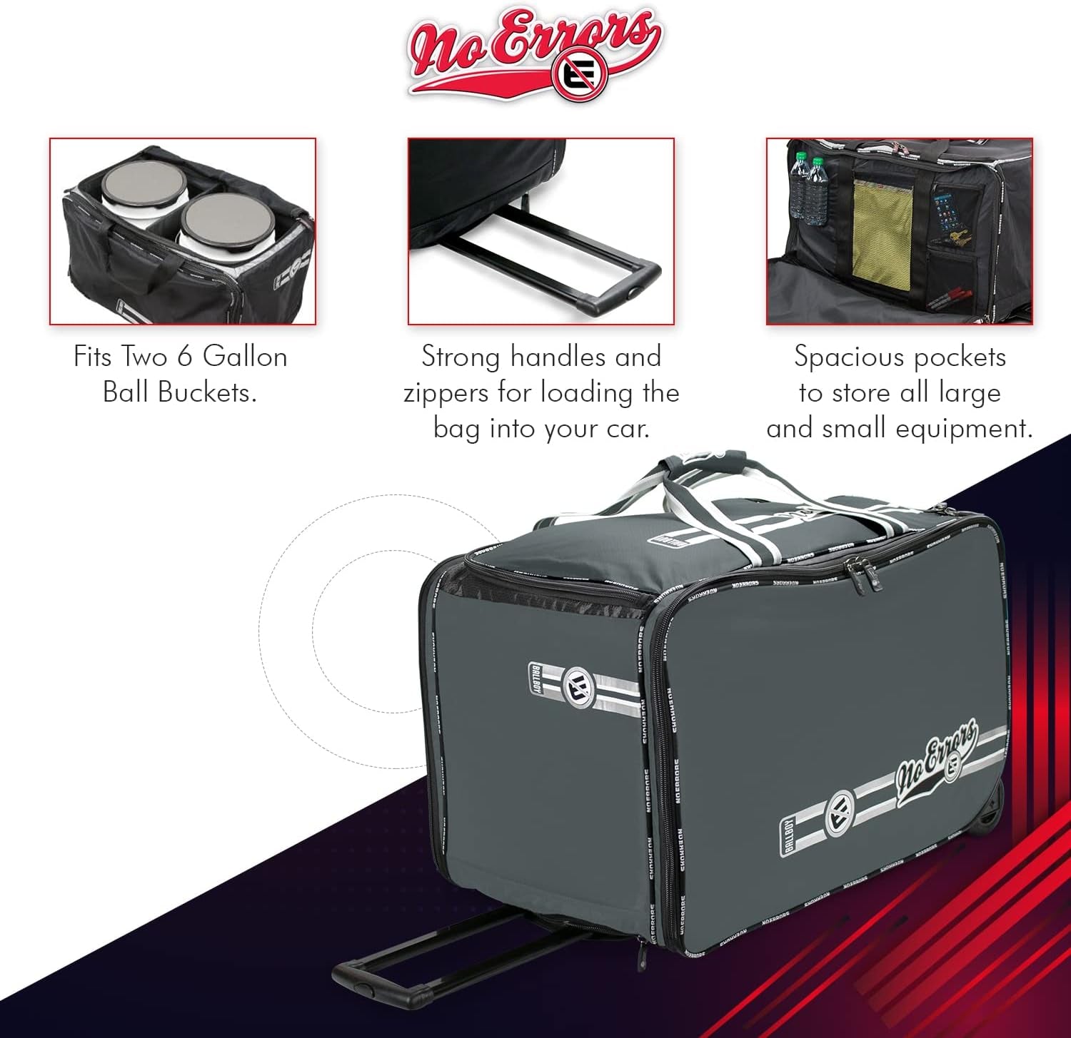 No Errors Ball Boy XL Wheeled Baseball Coaches Bag - Heavy Duty Baseball and Softball Bag for Coaches - Holds Two 6 Gallon Ball Buckets and Coaching Equipment