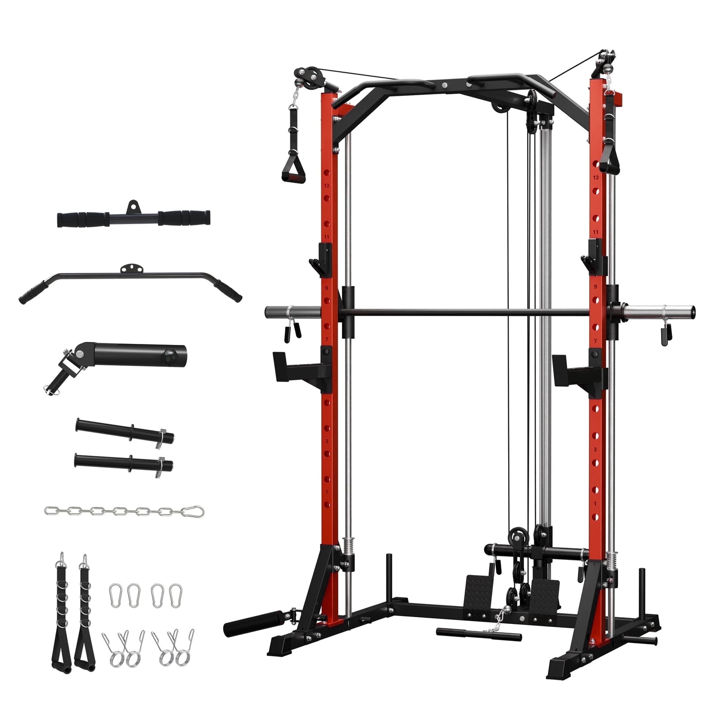 Compact 7-IN-1 Smith Machine with Cable Crossover System, 1000LBS Multi-Functional Squat Rack, Workout Station with Weight Bar, Bend Peg and Other Functional Attachments