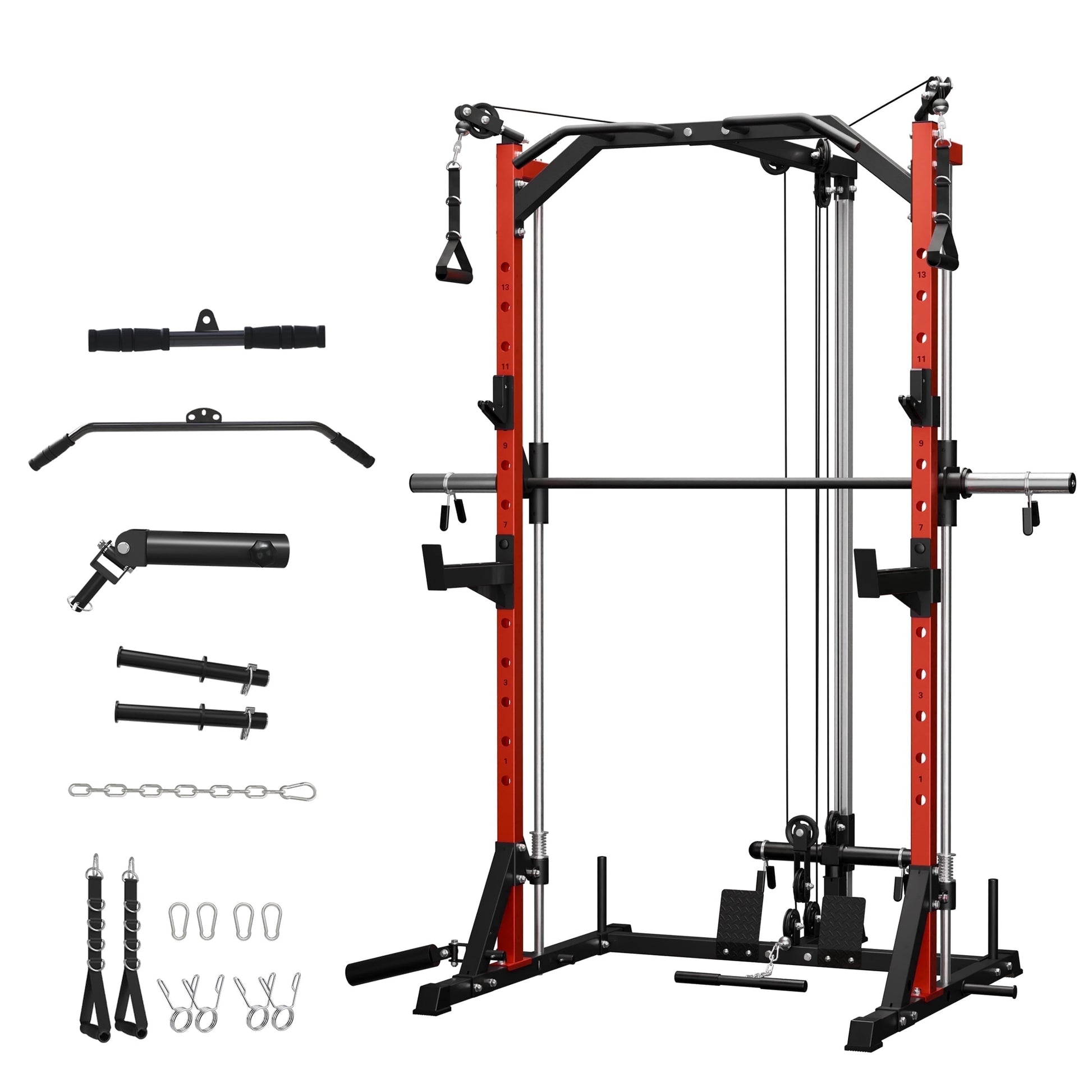 Compact 7-IN-1 Smith Machine with Cable Crossover System, 1000LBS Multi-Functional Squat Rack, Workout Station with Weight Bar, Bend Peg and Other Functional Attachments