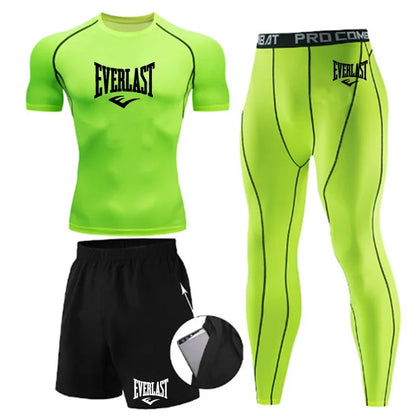 EVERLAST Men'S T-Shirt + Shorts 2Pcs Set Leisure Breath Short Sleeve Sport Jogging Gym Brand Print Clothing