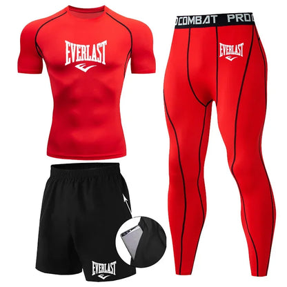 EVERLAST Men'S T-Shirt + Shorts 2Pcs Set Leisure Breath Short Sleeve Sport Jogging Gym Brand Print Clothing