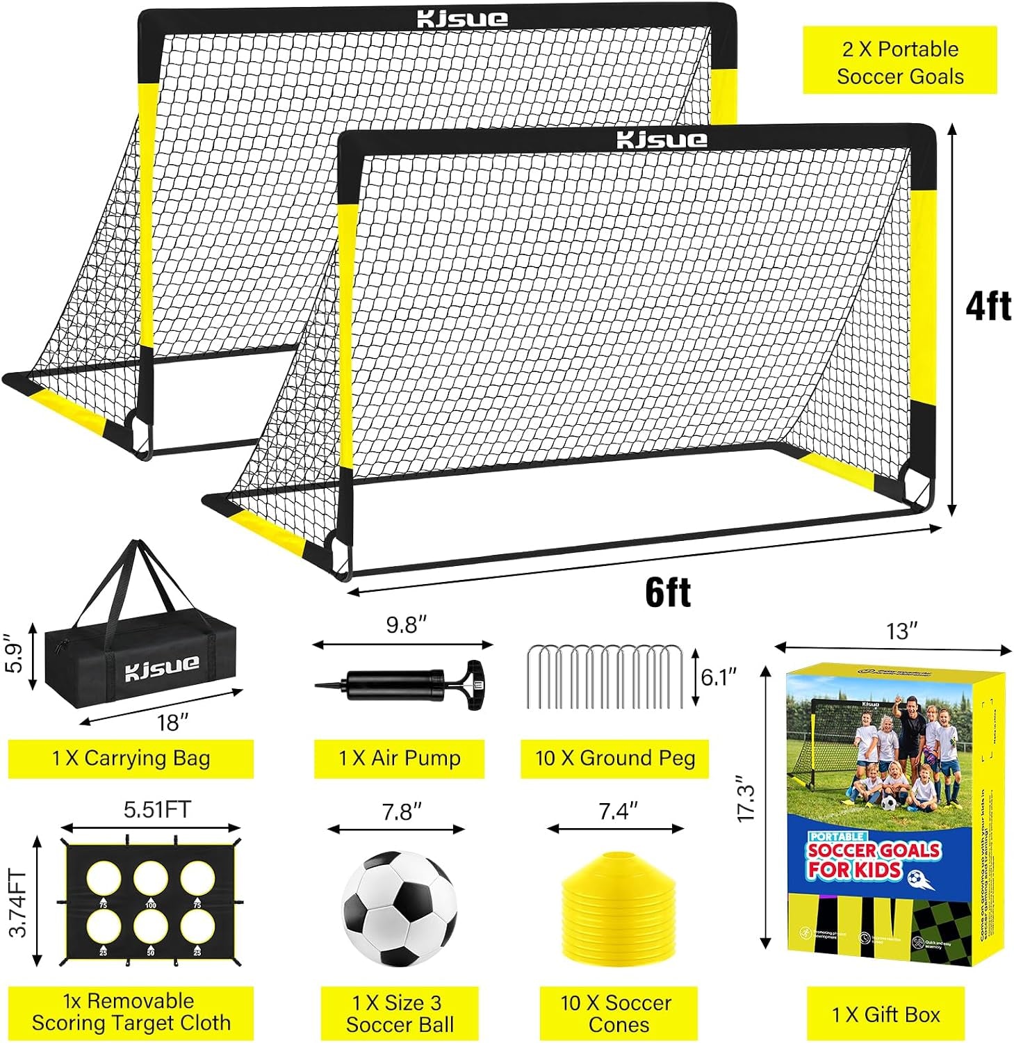 Kids Soccer Goal for Backyard Set - 2 of 6X4 Ft Soccer Goals Training Equipment, Soccer Net for Kids Age 3-5 6-8 8-10 10-12, Ball, Targets for Toddler Kid Youth Soccer Games Sports Outdoor Play