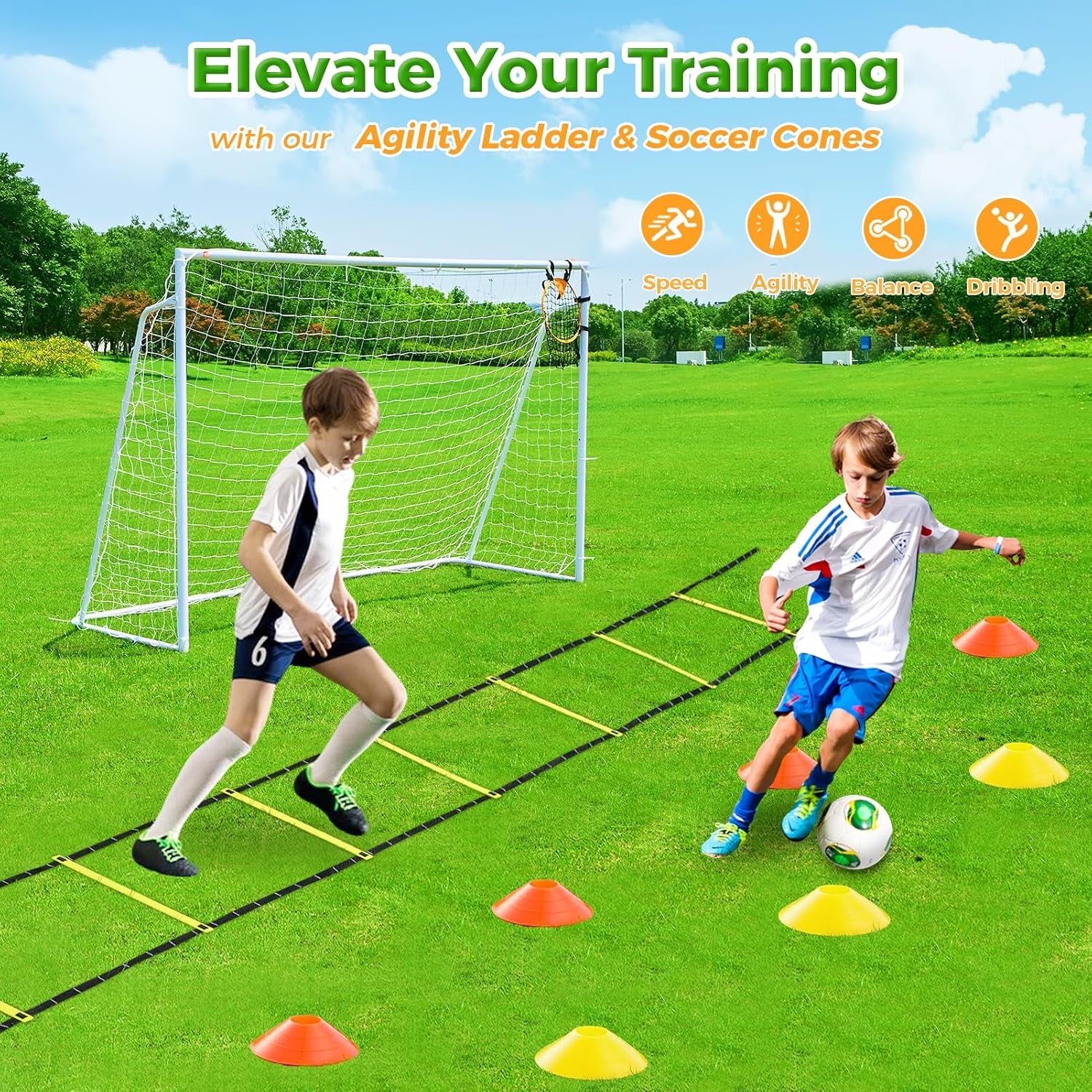 Soccer Goal 12X6,10X6.5, 8X6, 6X4Ft Soccer Goals for Backyard Metal Soccer Goals for Kids Youth Adults Large Outdoor 2" Steel Soccer Goal Post Frame with Soccer Net Target Net Portable Agility Ladder