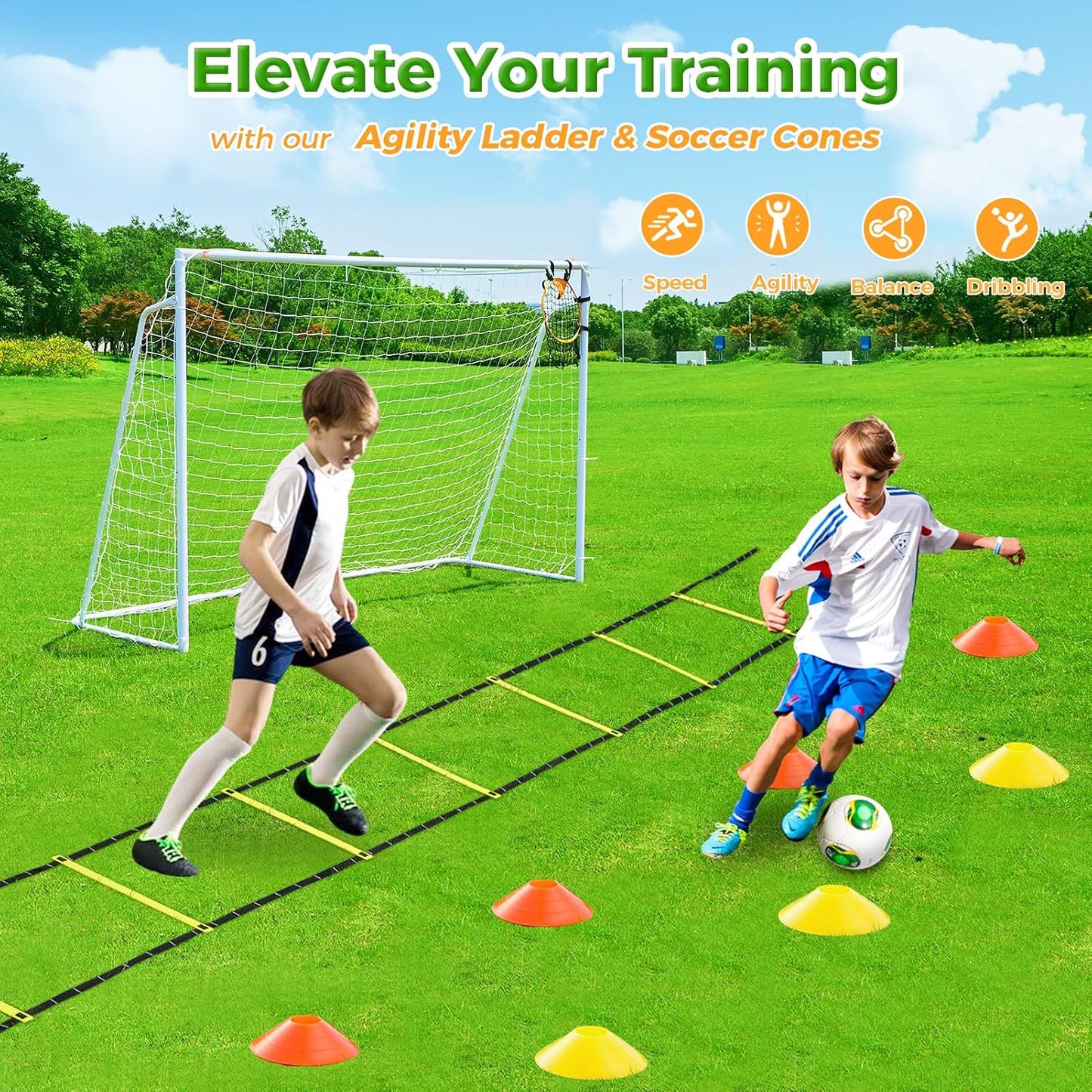 Soccer Goal 12X6,10X6.5, 8X6, 6X4Ft Soccer Goals for Backyard Metal Soccer Goals for Kids Youth Adults Large Outdoor 2" Steel Soccer Goal Post Frame with Soccer Net Target Net Portable Agility Ladder